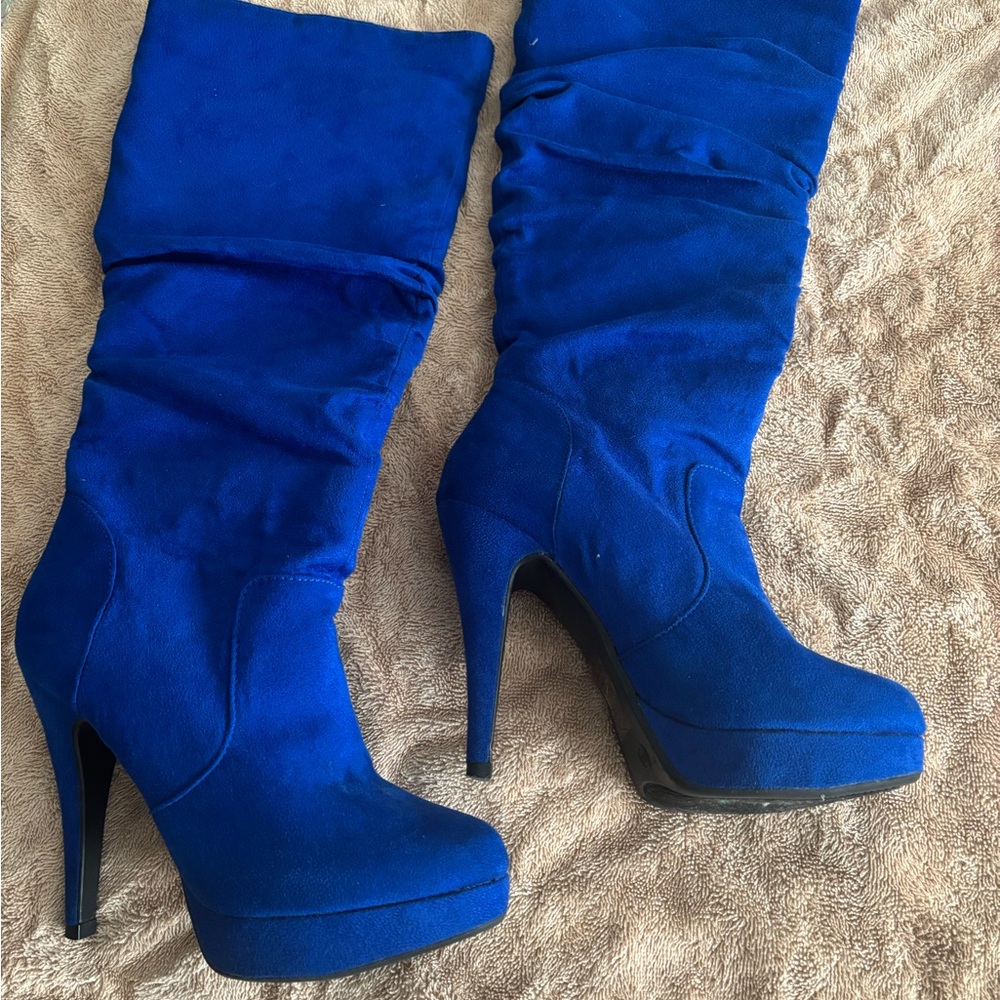 Shoe Dazzle Cobalt Blue Platform Knee-High Stiletto Boots
